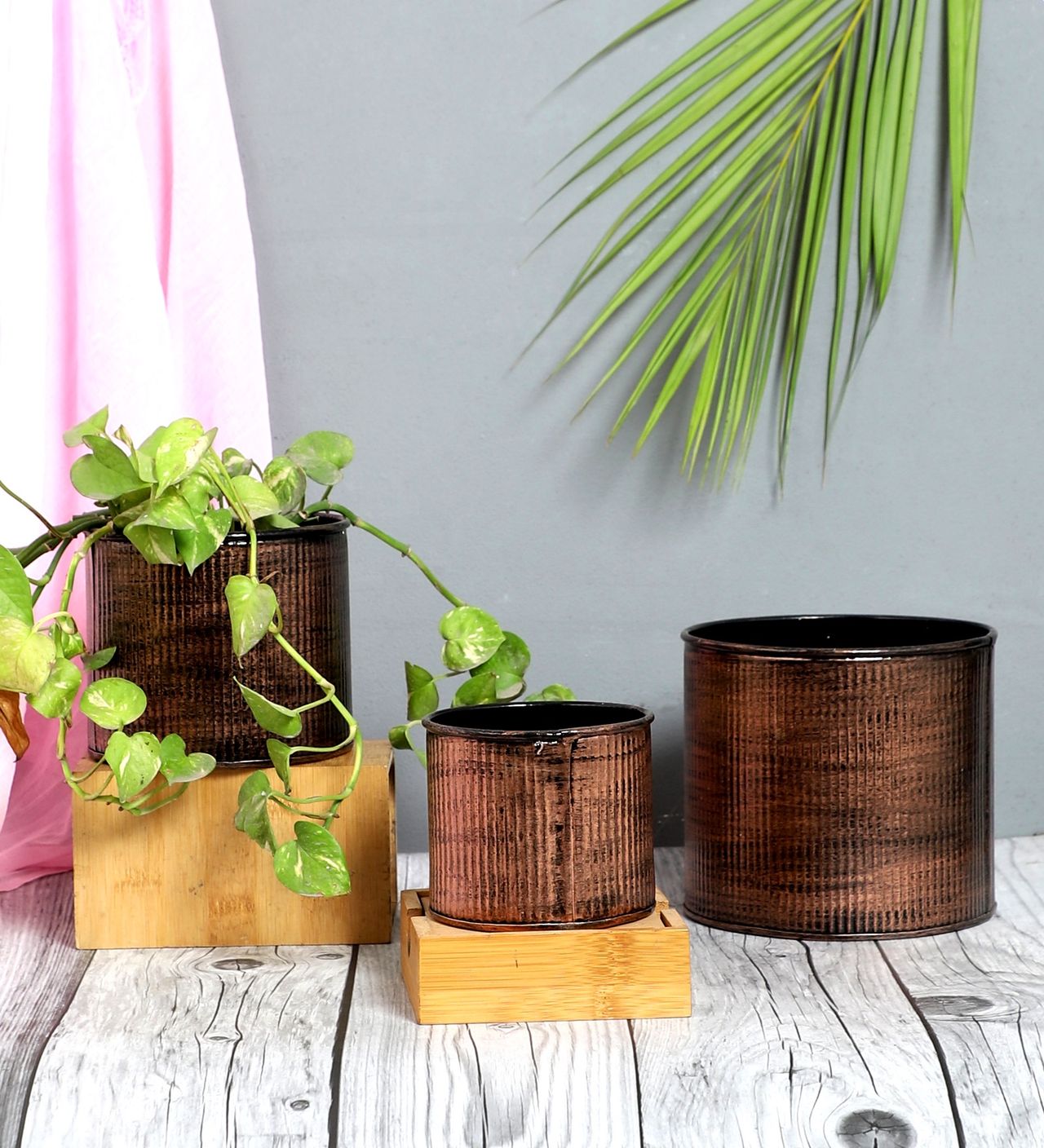 Amaya Decors Copper Small Striped Planter Set Of 3