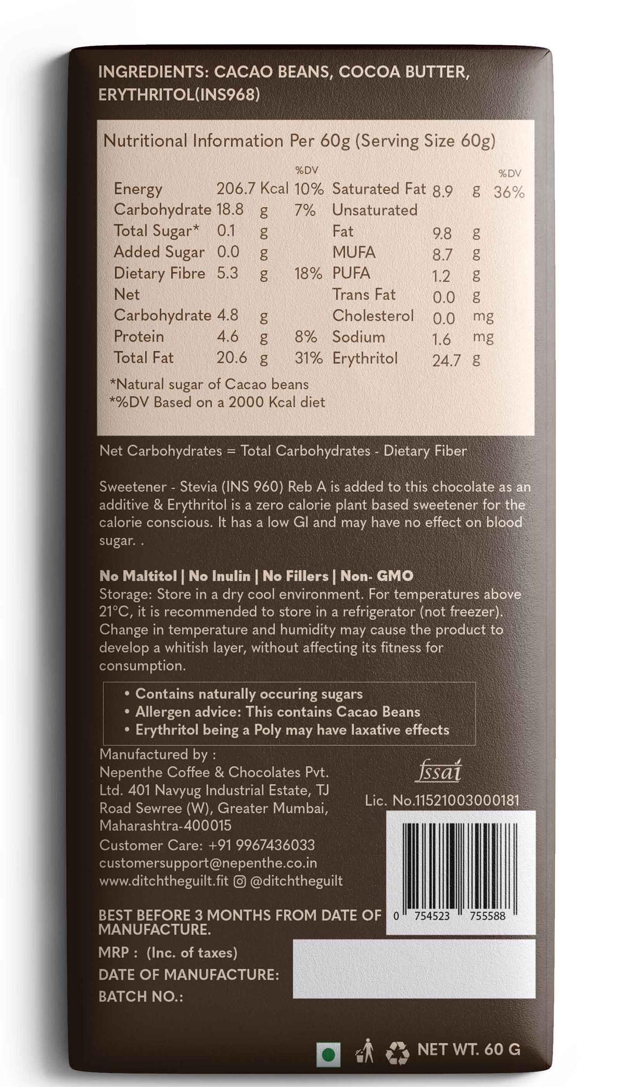 Ditch The Guilt 86% Cacao Zero Sugar Dark Chocolate