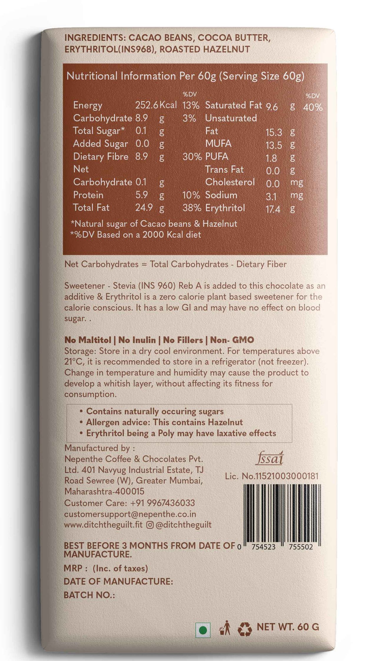 Ditch The Guilt Dark Chocolate - Roasted Hazelnut