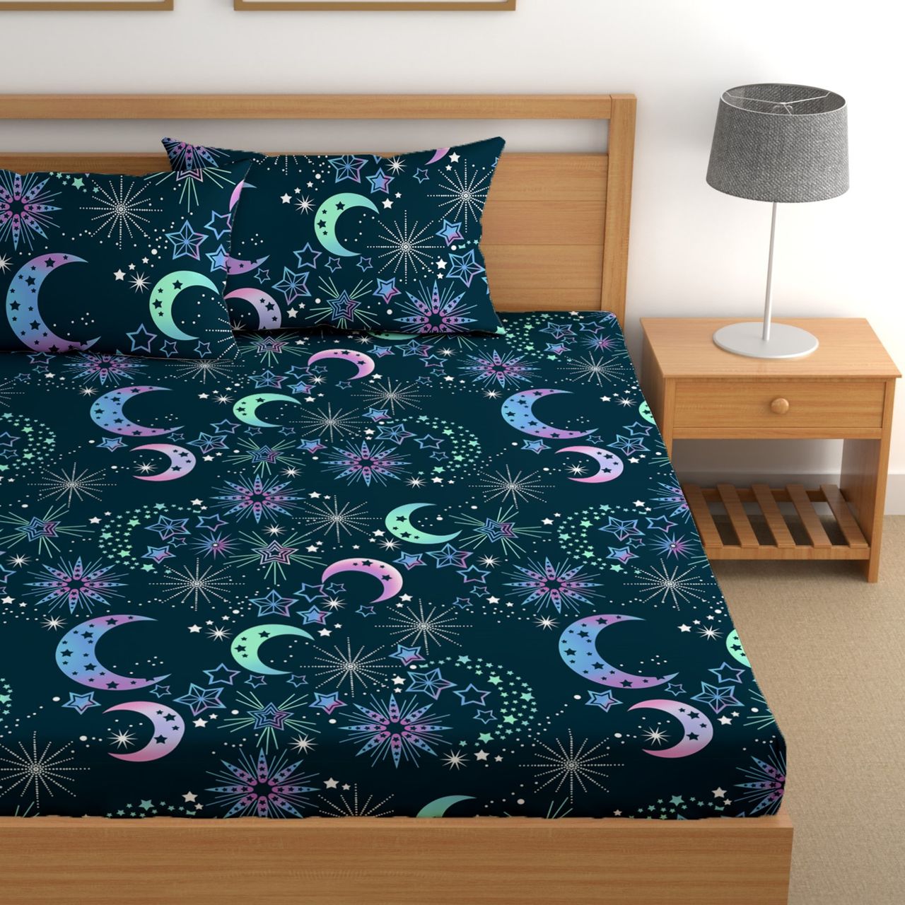 CG HOMES Fitted Elastic Double Bedsheet With Two Pillow Covers (Design Fitted Db1339)