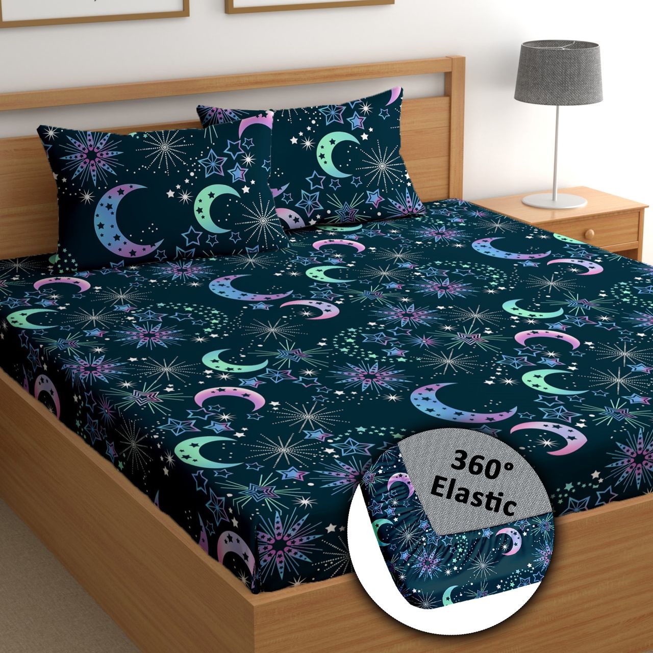 CG HOMES Fitted Elastic Double Bedsheet With Two Pillow Covers (Design Fitted Db1339)