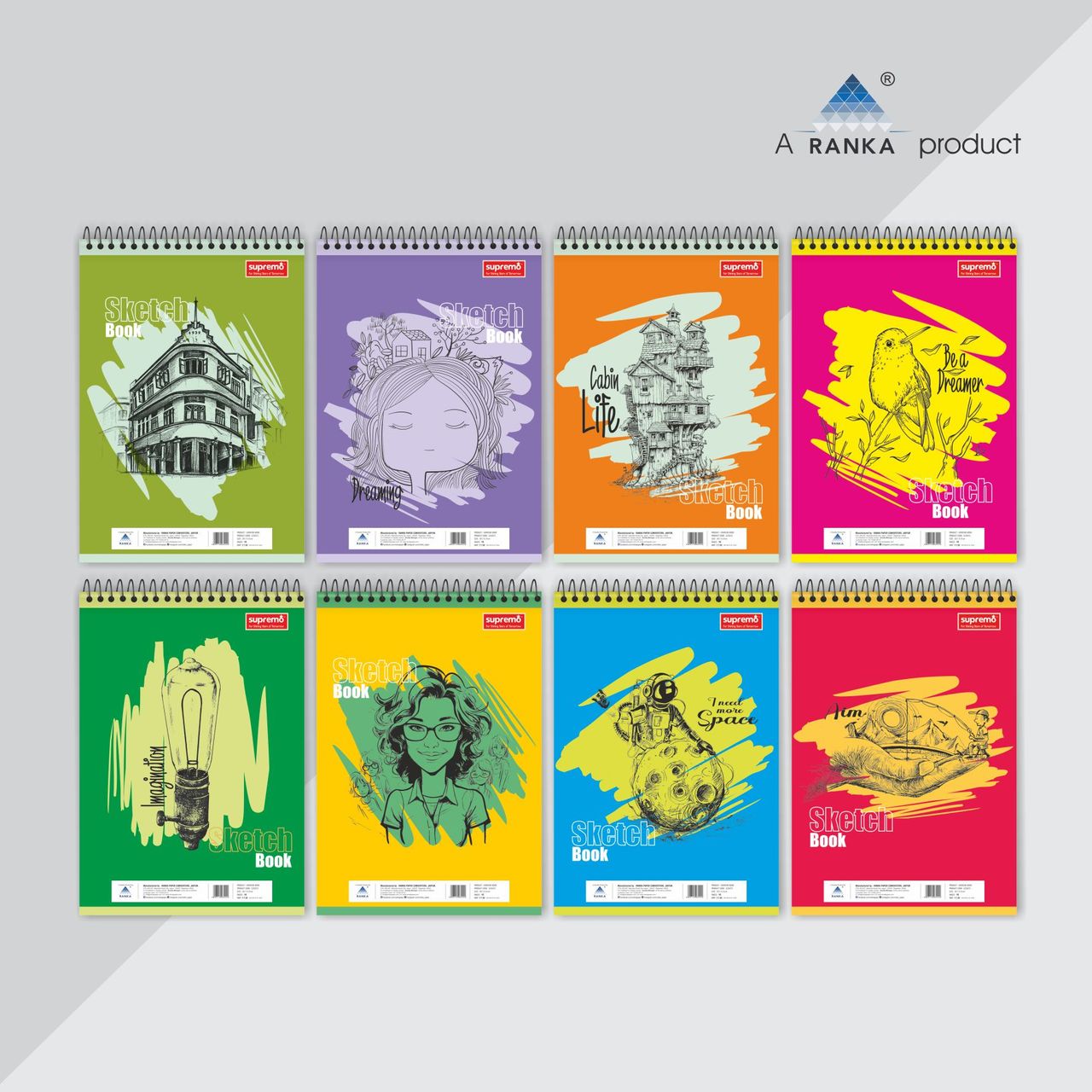 Ranka Supremo Sketch Book A4 Spiral Unruled- 36 Pages, 100 GSM - Assorted