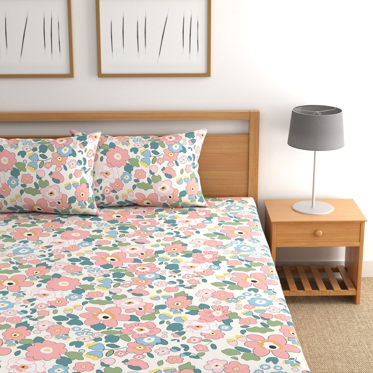 CG HOMES Fitted Elastic Double Bedsheet With Two Pillow Covers | Design Fitted Db1338