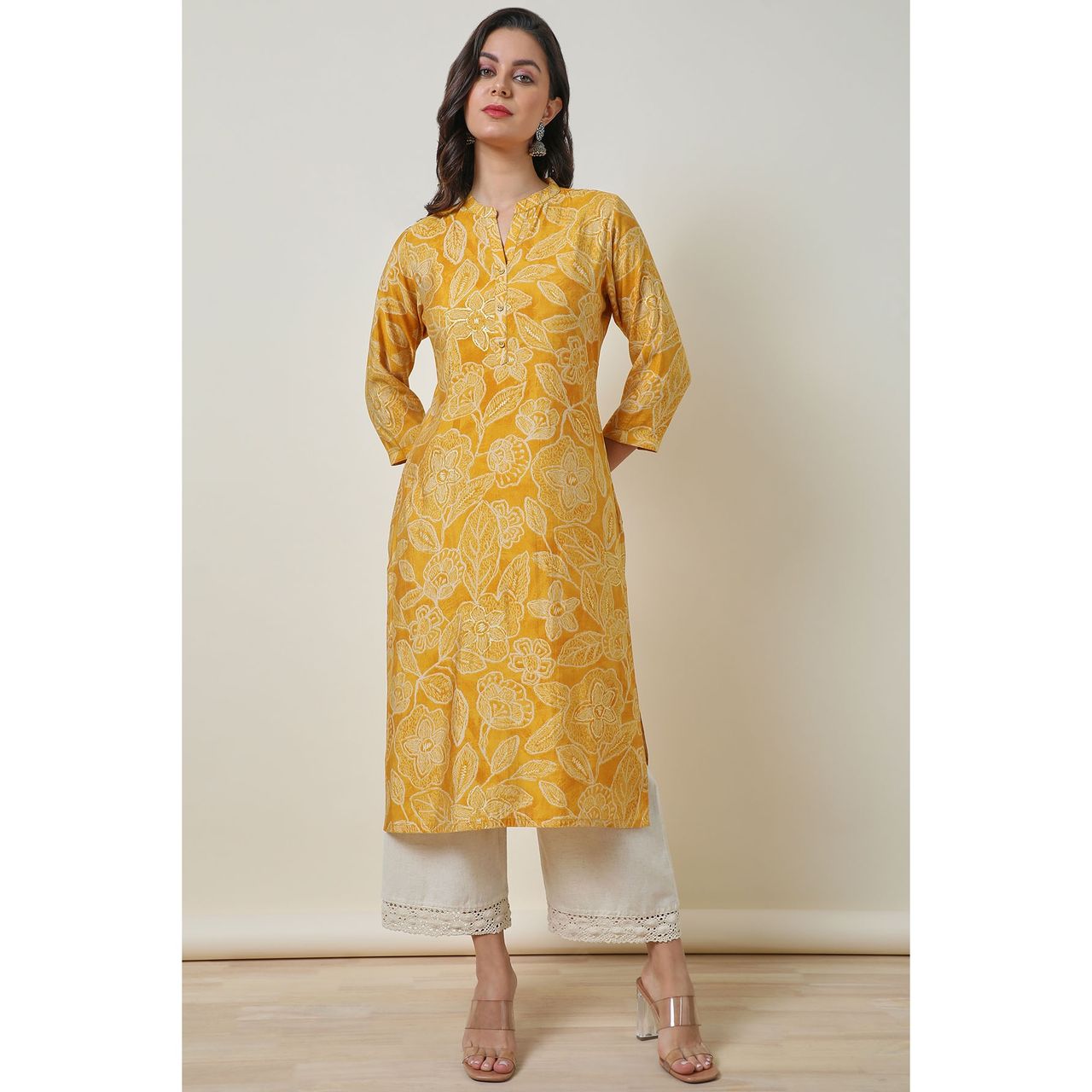 Soch Women's Yellow Viscose Blend Botanical Print Kurta | S