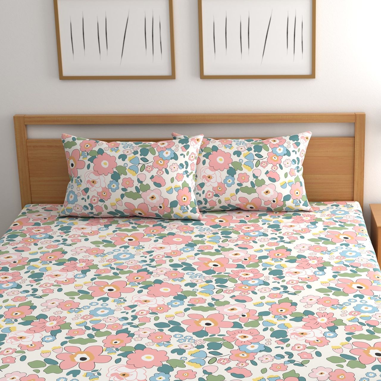 CG HOMES Fitted Elastic Double Bedsheet With Two Pillow Covers | Design Fitted Db1338