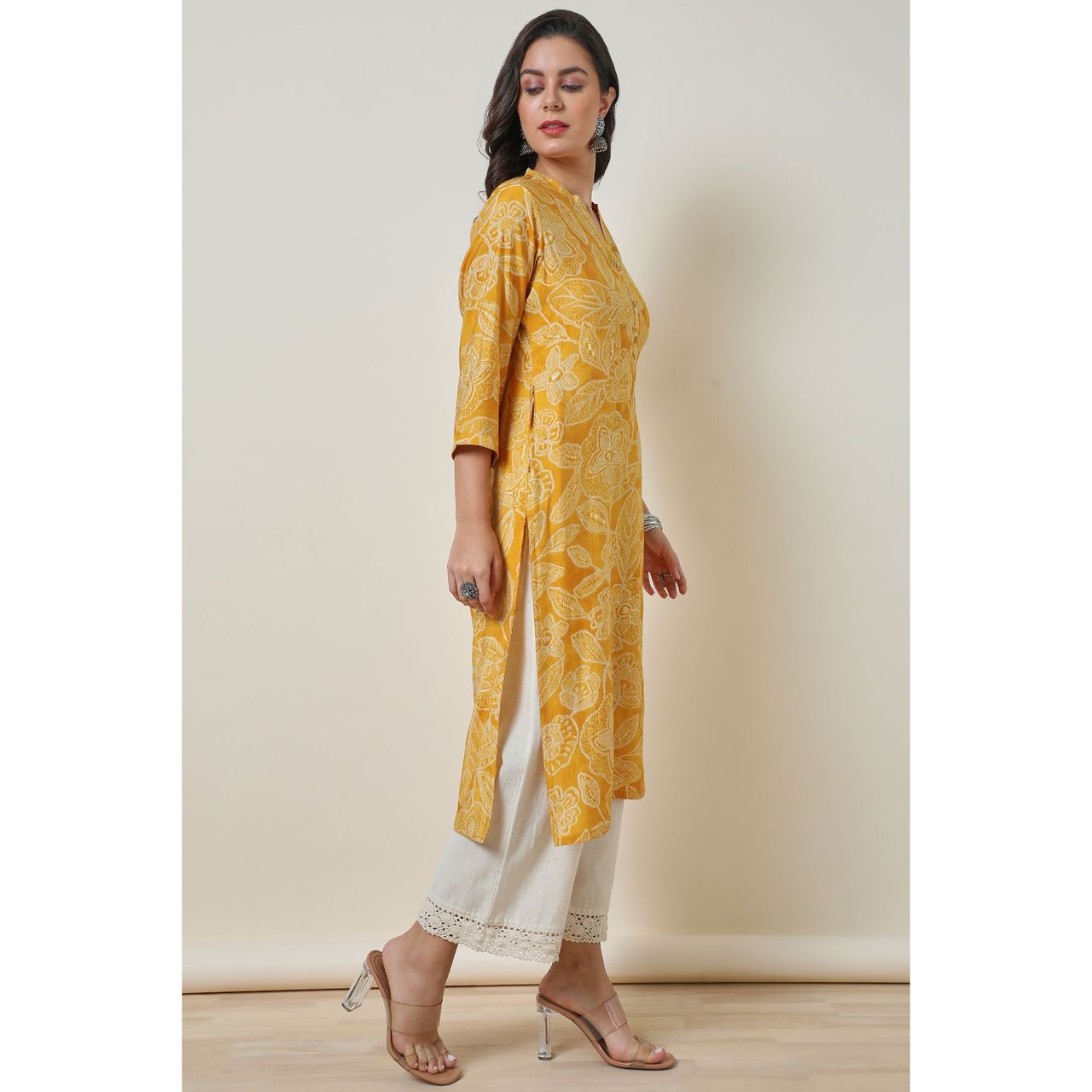 Soch Women's Yellow Viscose Blend Botanical Print Kurta | S