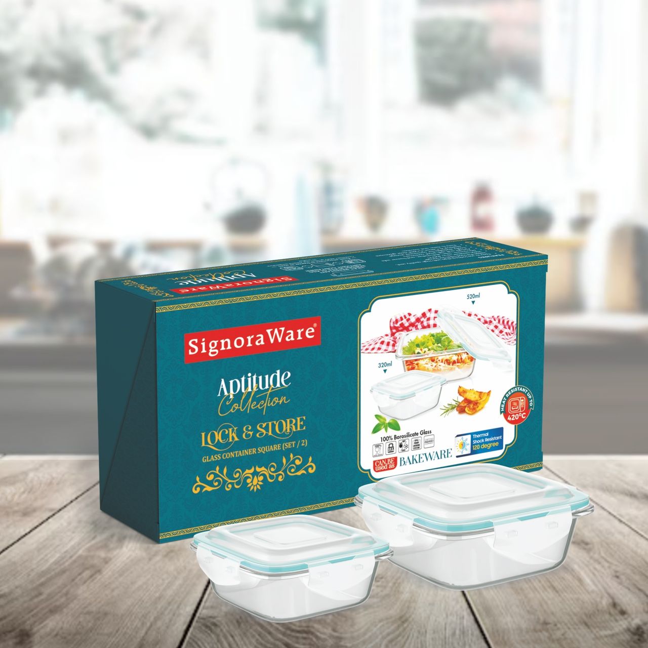 SignoraWare Lock N Store Borosilicate Square Container | Set of 2 | 520ml + 320ml