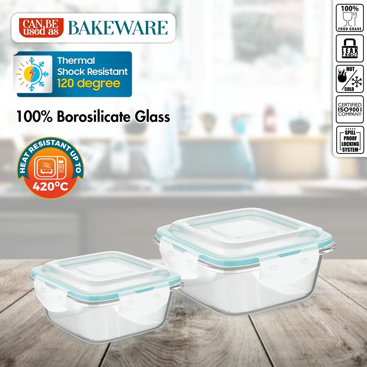 SignoraWare Lock N Store Borosilicate Square Container | Set of 2 | 520ml + 320ml