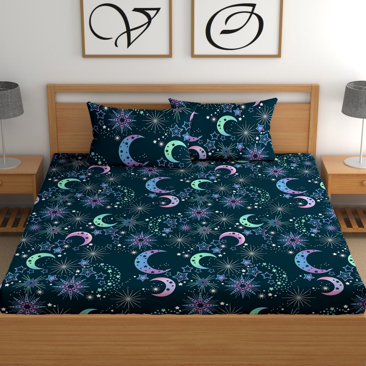 CG HOMES Fitted Elastic Double Bedsheet With Two Pillow Covers (Design Fitted Db1339)