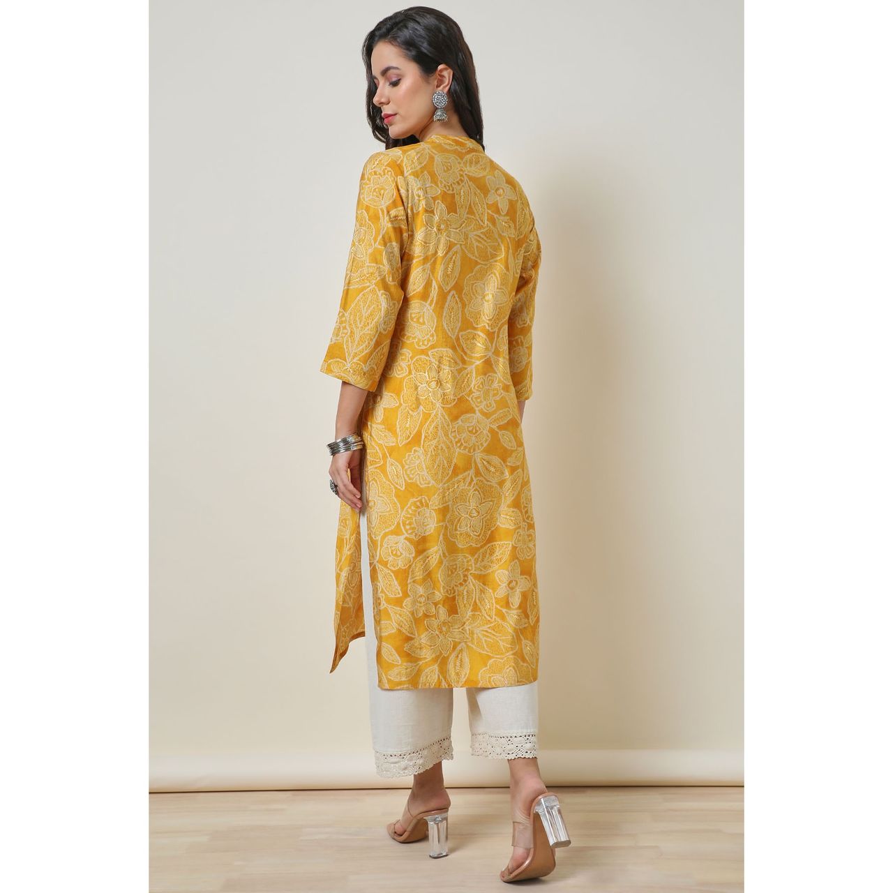 Soch Women's Yellow Viscose Blend Botanical Print Kurta | S