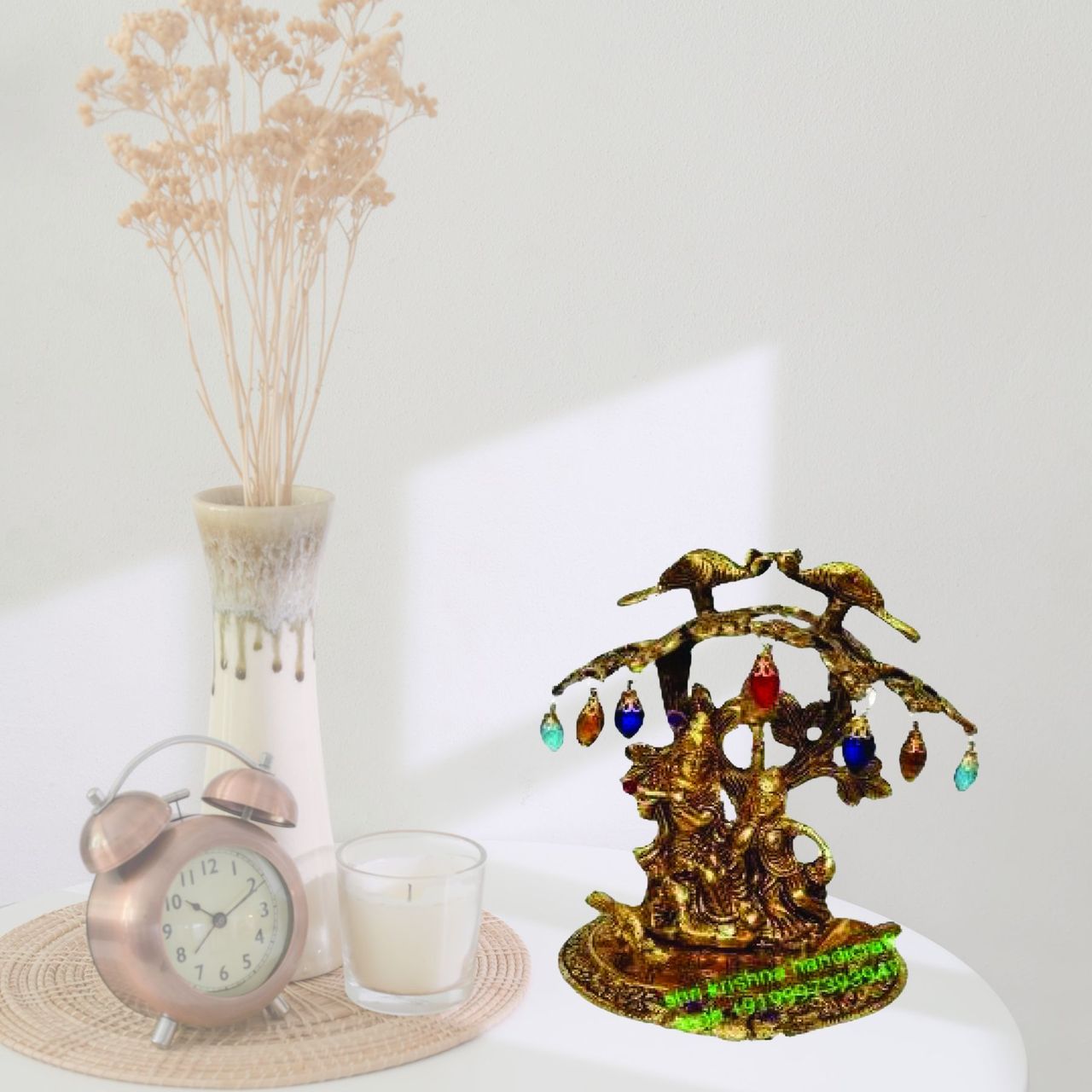 Devnidhii Radha Krishna Idol Under Emerald Stone Tree in Gold Polish