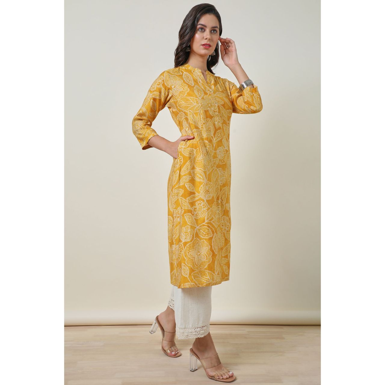 Soch Women's Yellow Viscose Blend Botanical Print Kurta | S