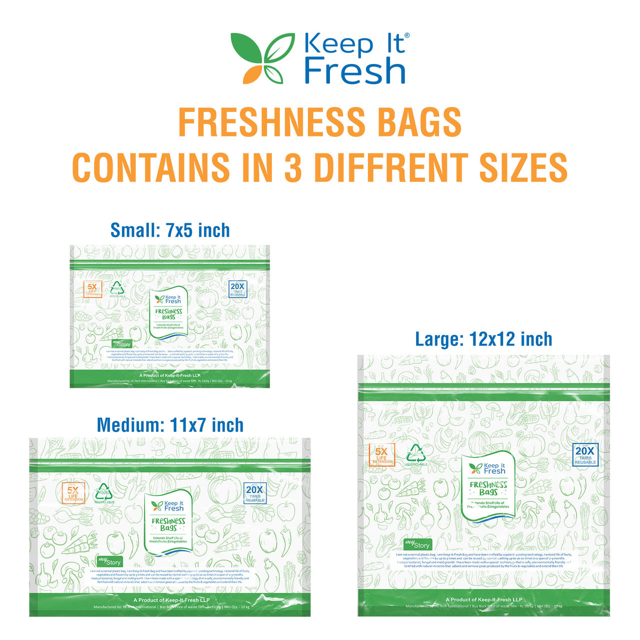 Dr. Bio Keep It Fresh Zip Lock Bags, Re-Sealable Zipper Extending Shelf Life of Fruits, Vegetables