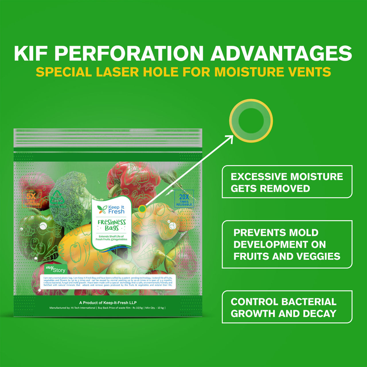 Dr. Bio Keep It Fresh Zip Lock Bags, Re-Sealable Zipper Extending Shelf Life of Fruits, Vegetables