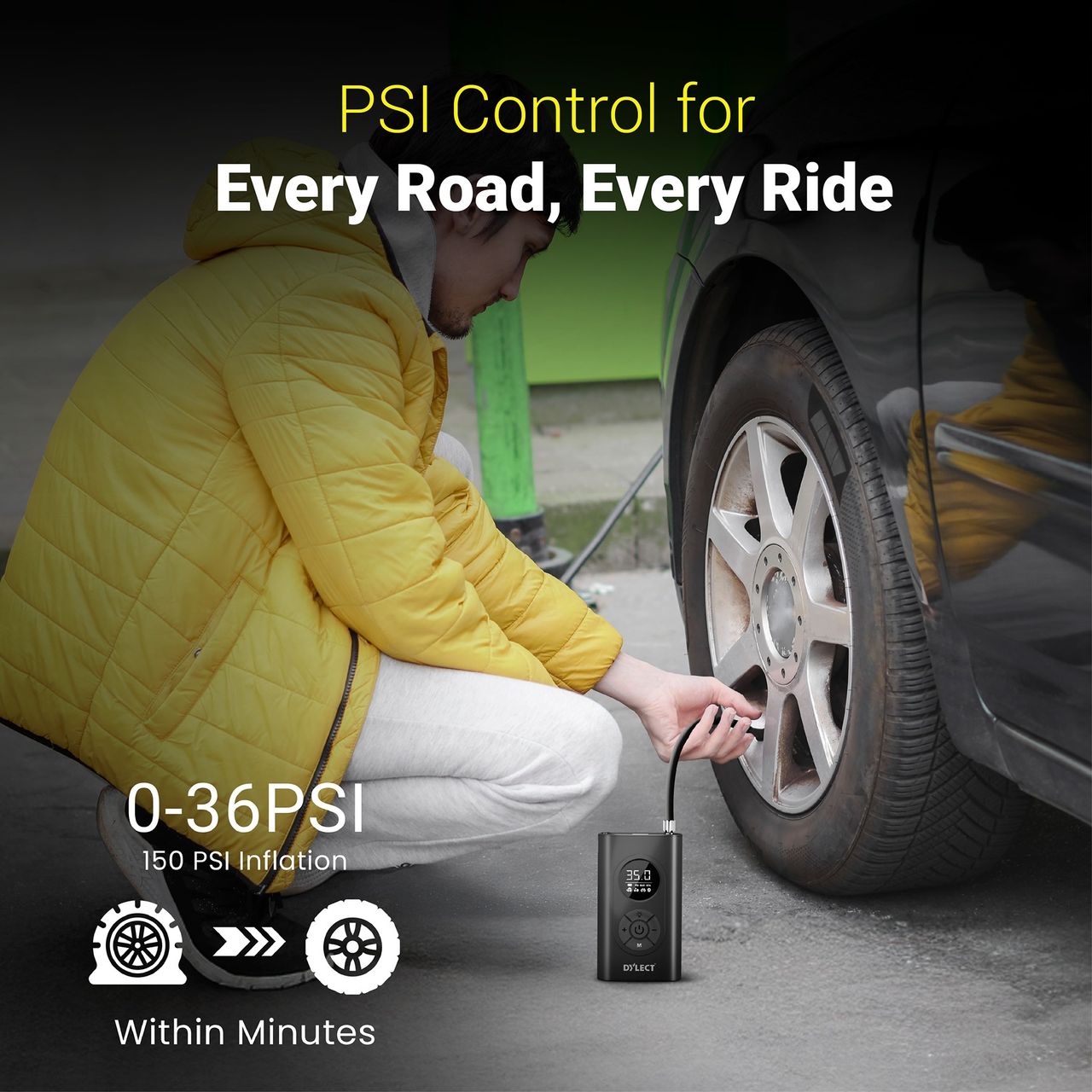 Dylect Smart 400 Tyre Inflator | 150 PSI | 4000mAh | Type C | 5 Air Modes | LED | Power Bank