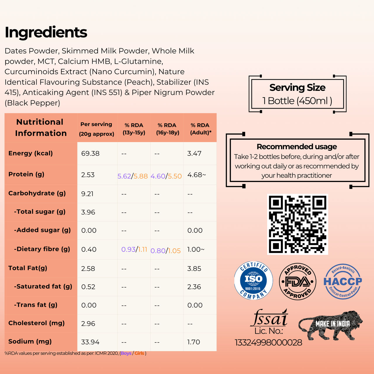 Nano Curcumin Recovery Latte - Peach (Pack of 10N Sachets)