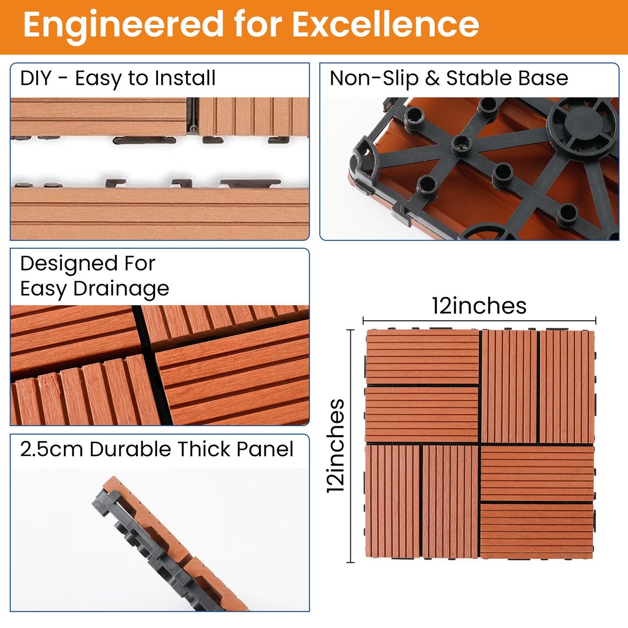 Cheston Pebble Floor Design Interlocking Tiles Pack of 2 | 12 Inch x12 Inch - Deck Tiles