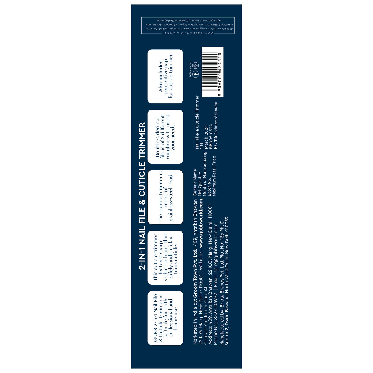 Gubb 2 In 1 Nail File & Cuticle Timmer - Assorted