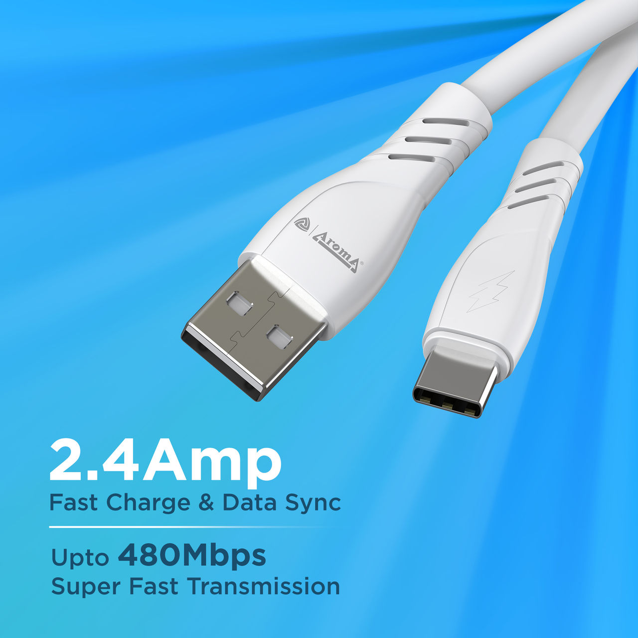 Aroma C21 - 2.4 Amp USB-A to Type-C | Fast Charging Sync and Charge Data Cable | White - 1 m