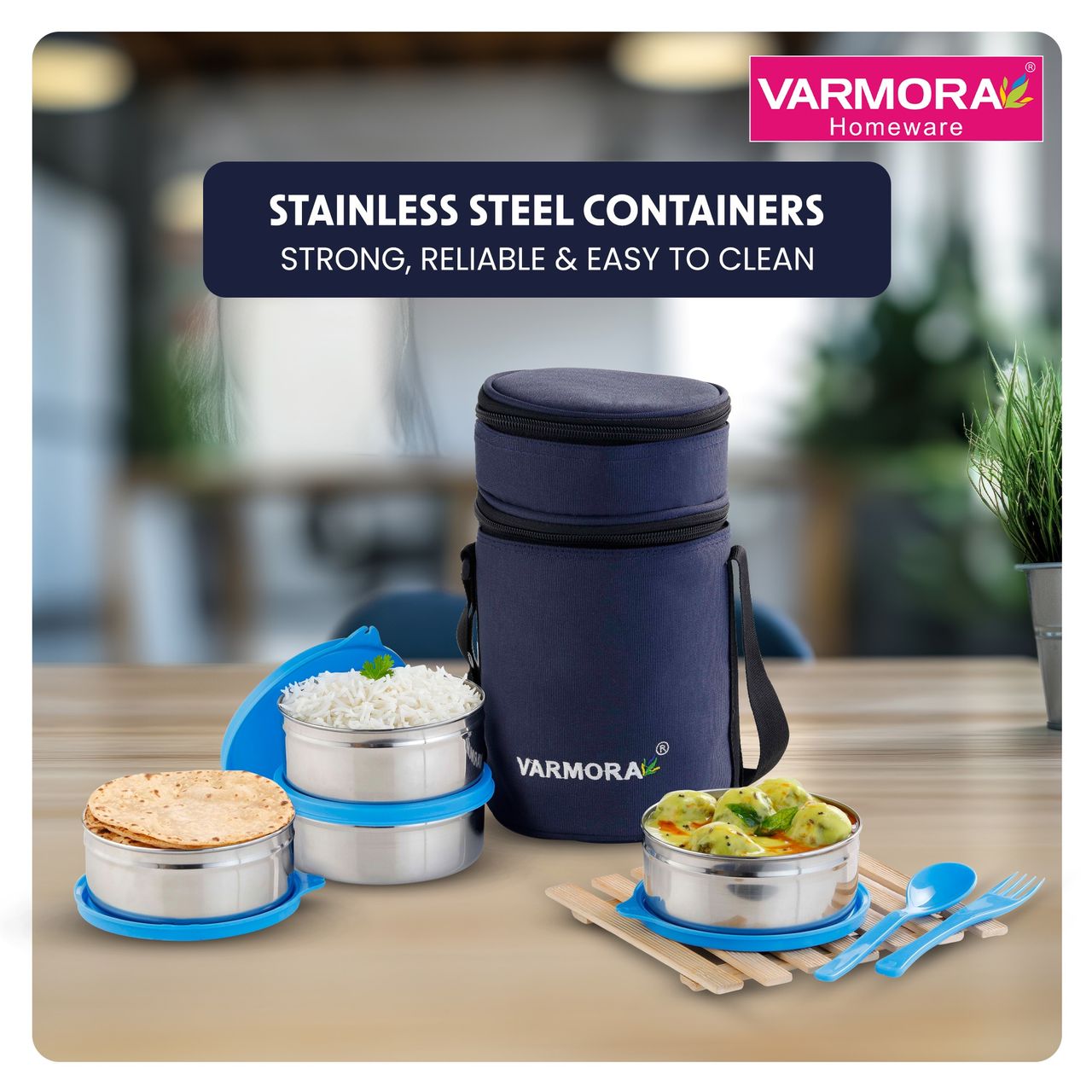 Varmora SS Quattro Lunch Box, Blue- 4 Storage Containers (390 ml each) with Spoon and Fork