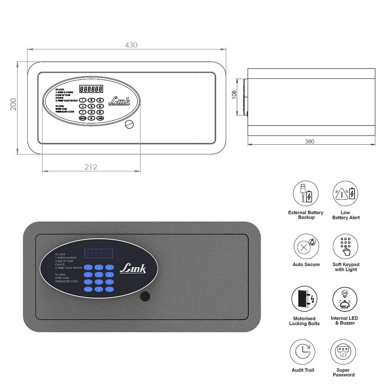 Link Smart Safe Locker - 28L Fingerprint & PIN Access | Grey | Citron LS-SF-03