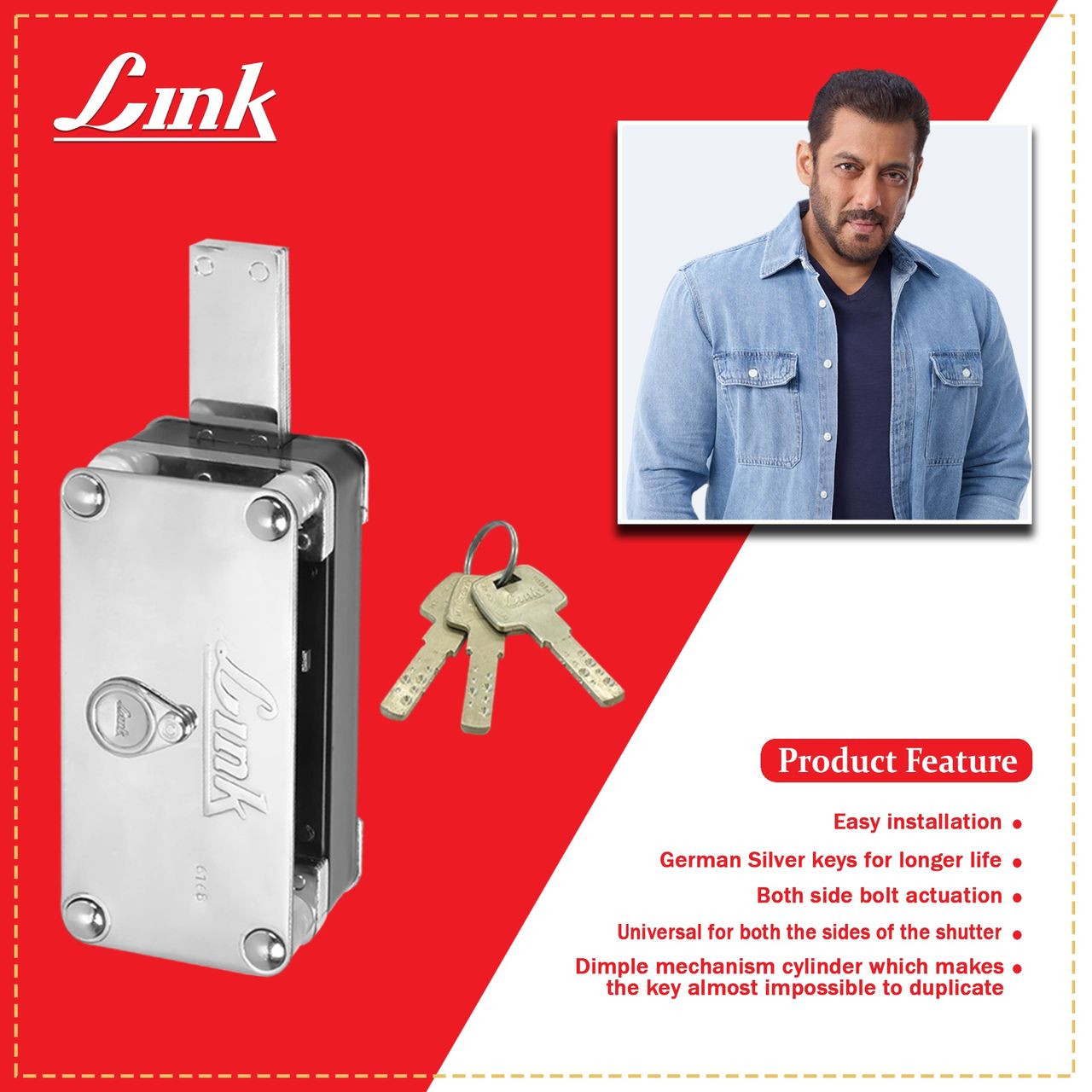 Link Universal Shutter Lock NXT Shutter/Main Door Heavy Lock with 3 Key | 75x155mm Lock