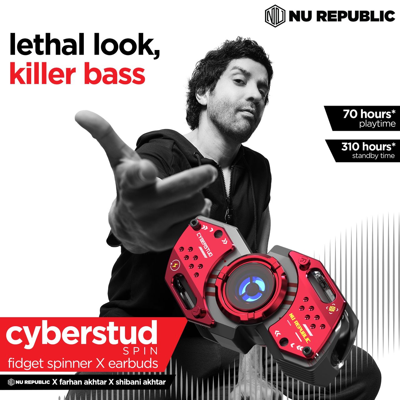 Nu Republic Cyberstud Spin Spinner Earbuds With Upto 70Hr Playtime Tws Wirless Earbuds (Red/Grey)