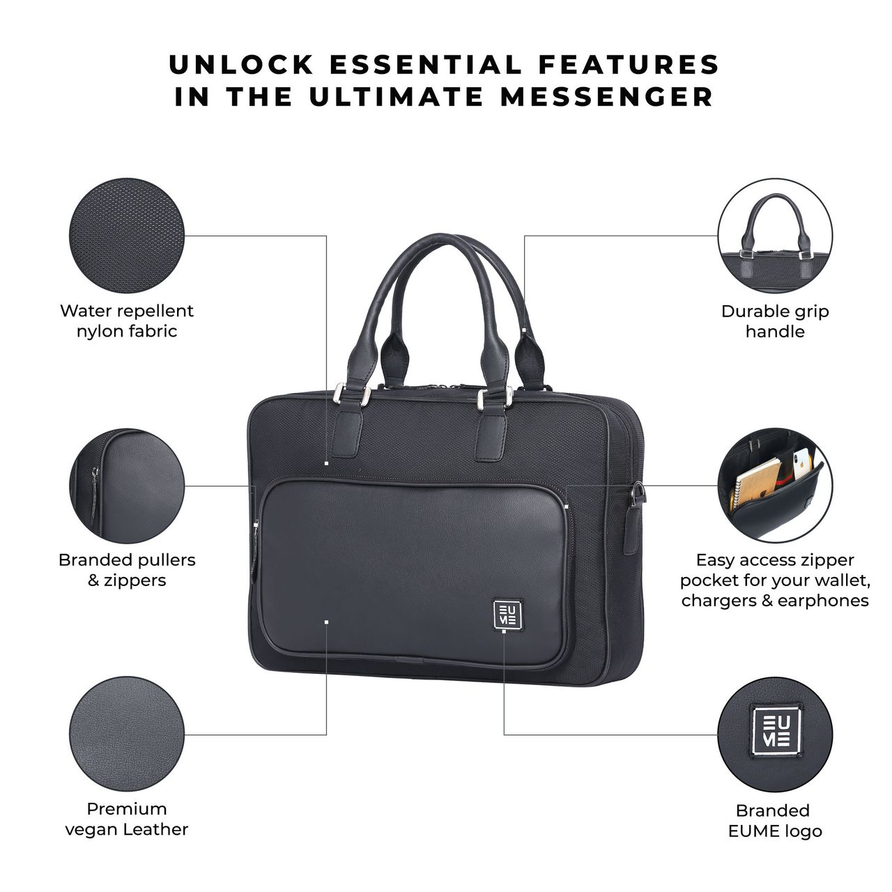 EUME Unisex Solid Nylon 15 L Rope Handle Messenger Bag | Charcoal Black - M