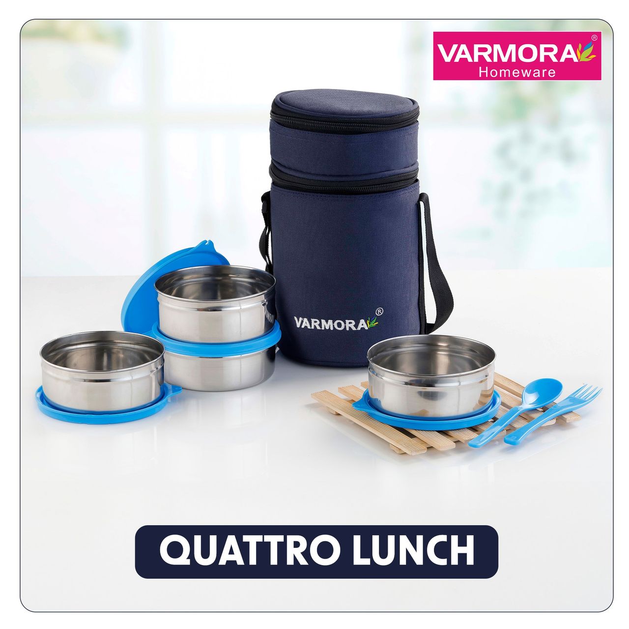 Varmora SS Quattro Lunch Box, Blue- 4 Storage Containers (390 ml each) with Spoon and Fork