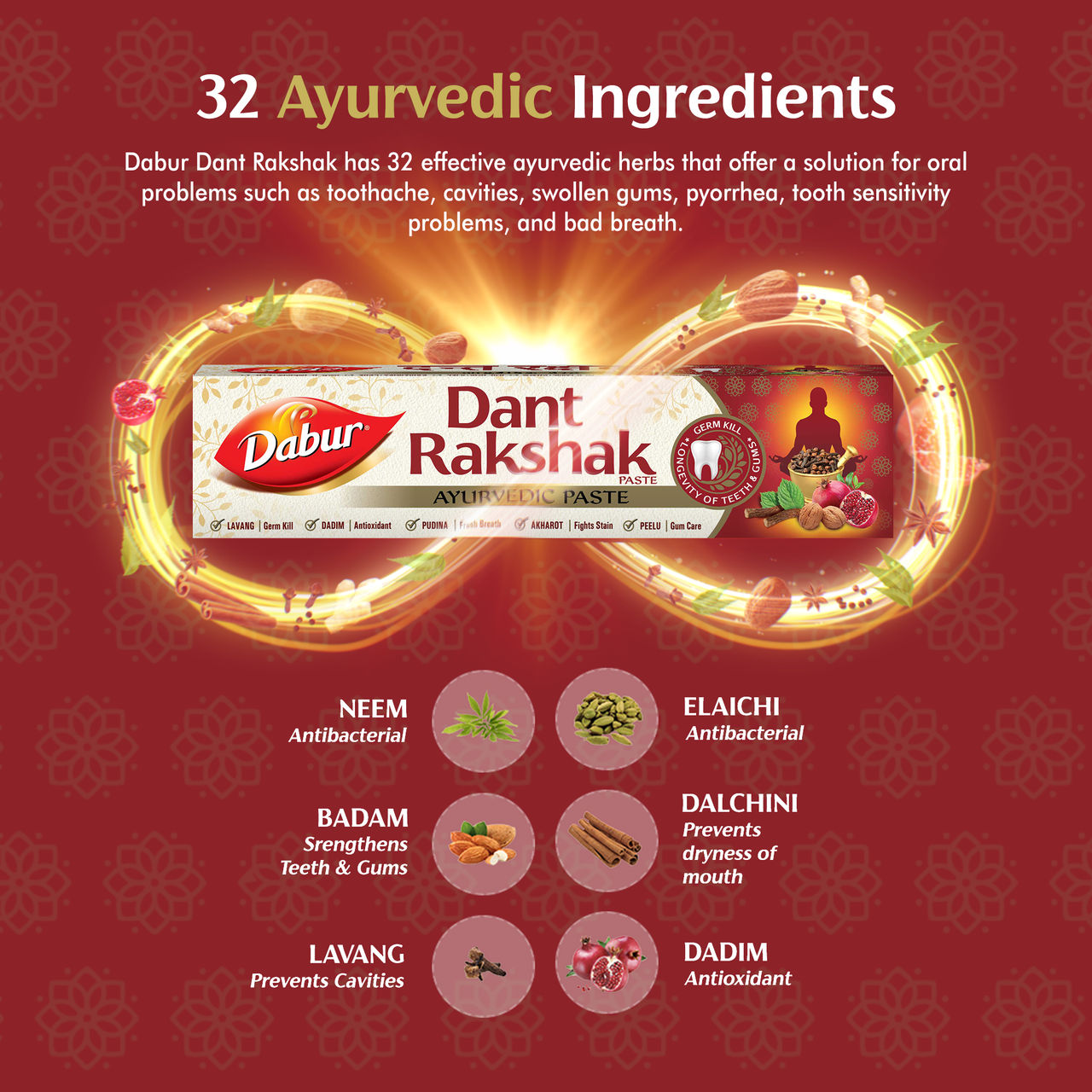 Dabur Dant Rakshak Toothpaste With Goodness Of 32 Ayurvedic Herbs For Your Teeth’S Long Life.