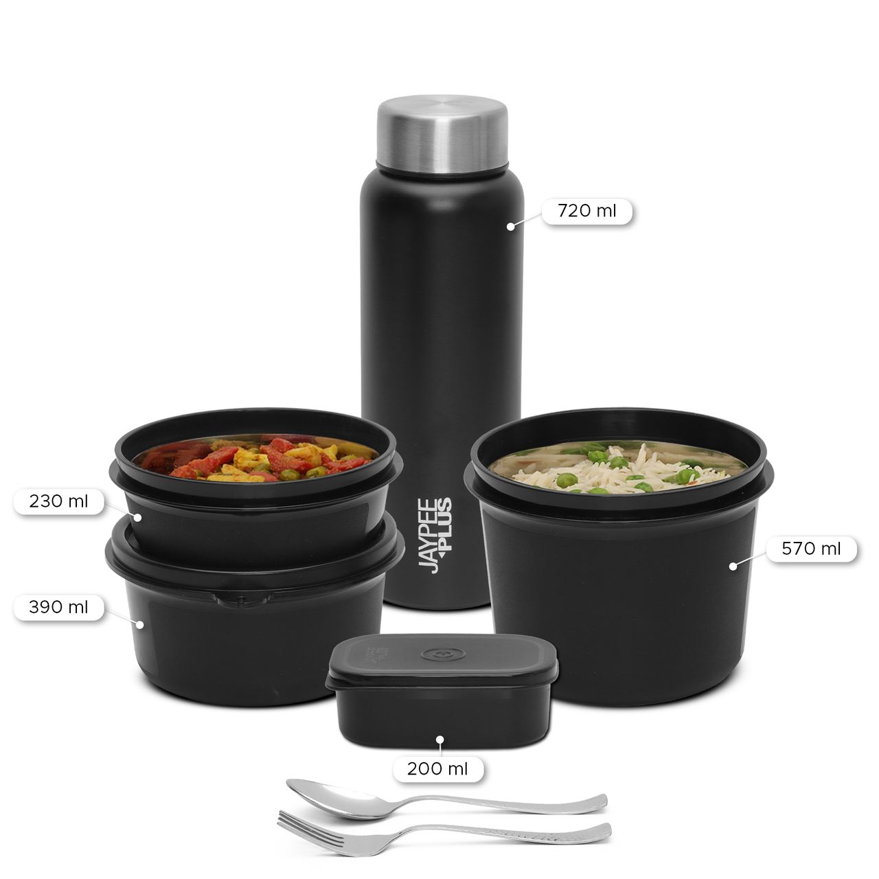Jaypee Plus MealPlus Lunch Box Container Capacity 1390 ml with 720 ml Steel Bottle | Black