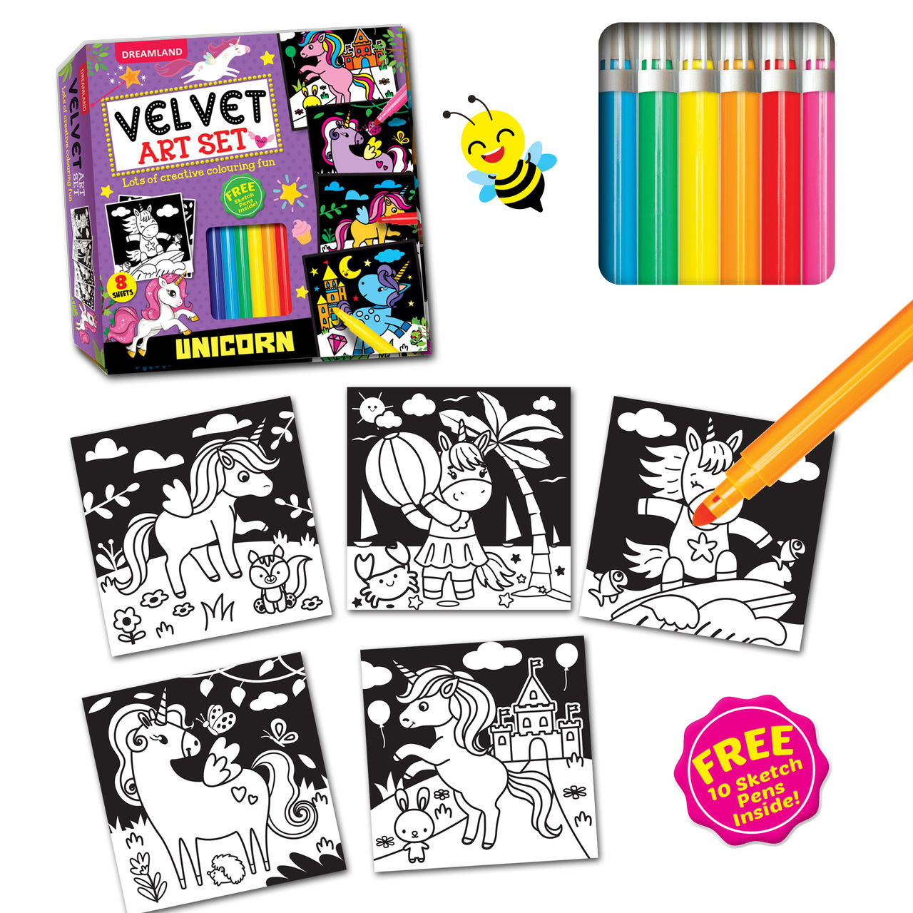Dreamland Unicorn - Velvet Art Set With 10 Free Sketch Pens | Gift Pack, 8 Sheets