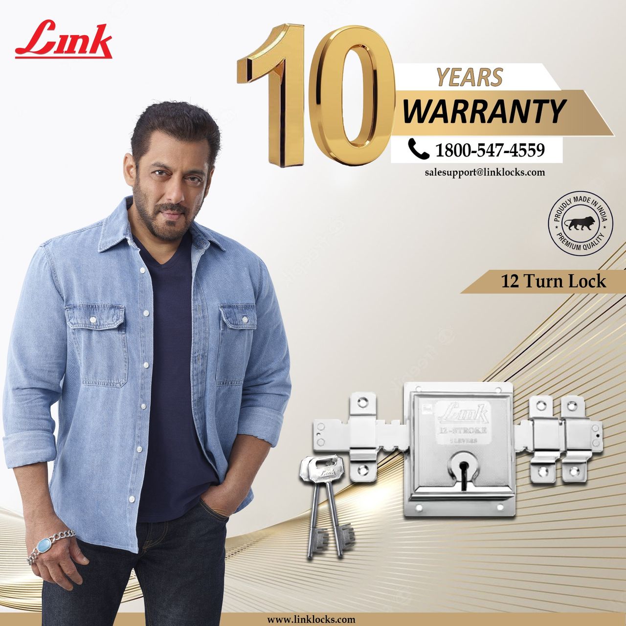 Link 12-Turn Main Door/Shutter Lock with 2 Keys - Heavy-Duty | 106x135mm Silver