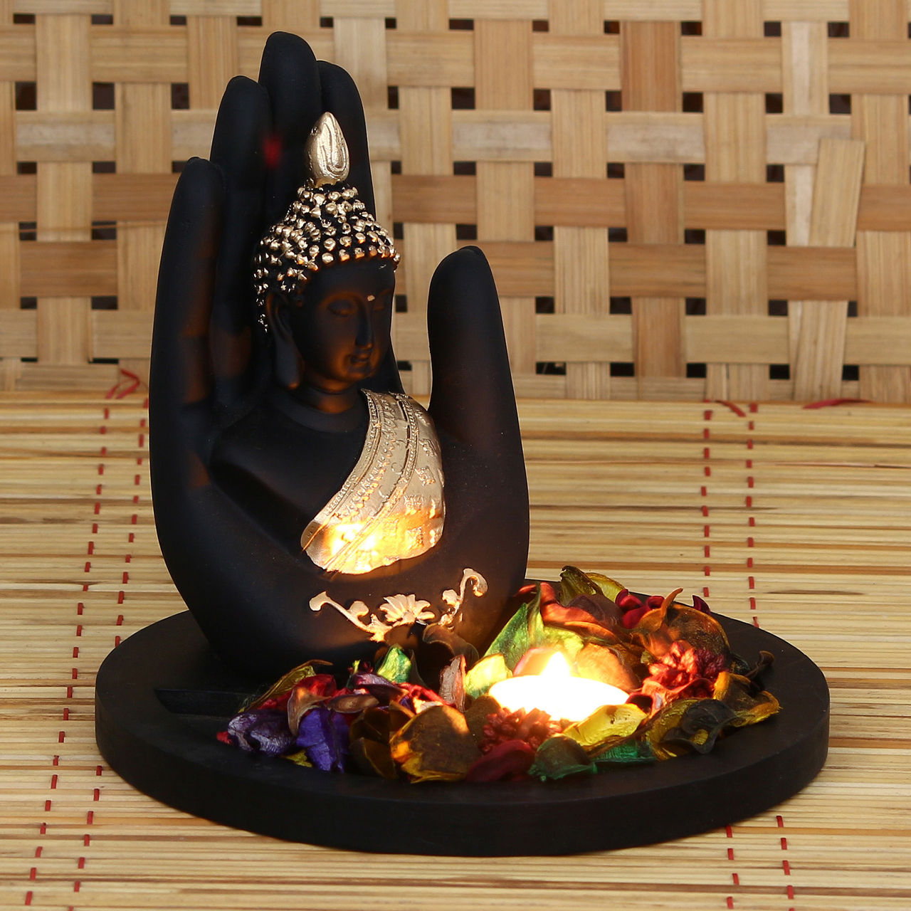 eCraftIndia Majestic Black and Golden Polyresin Palm Buddha Statue with Wooden Base