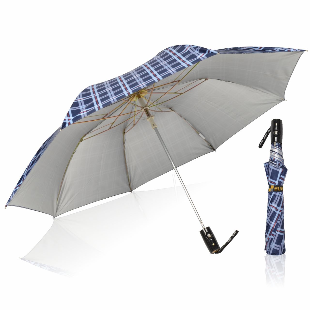 Eume Armor Auto Open 24.5 Inch 2 Fold Unisex Navy Blue And Silver Color Checkered Umbrella