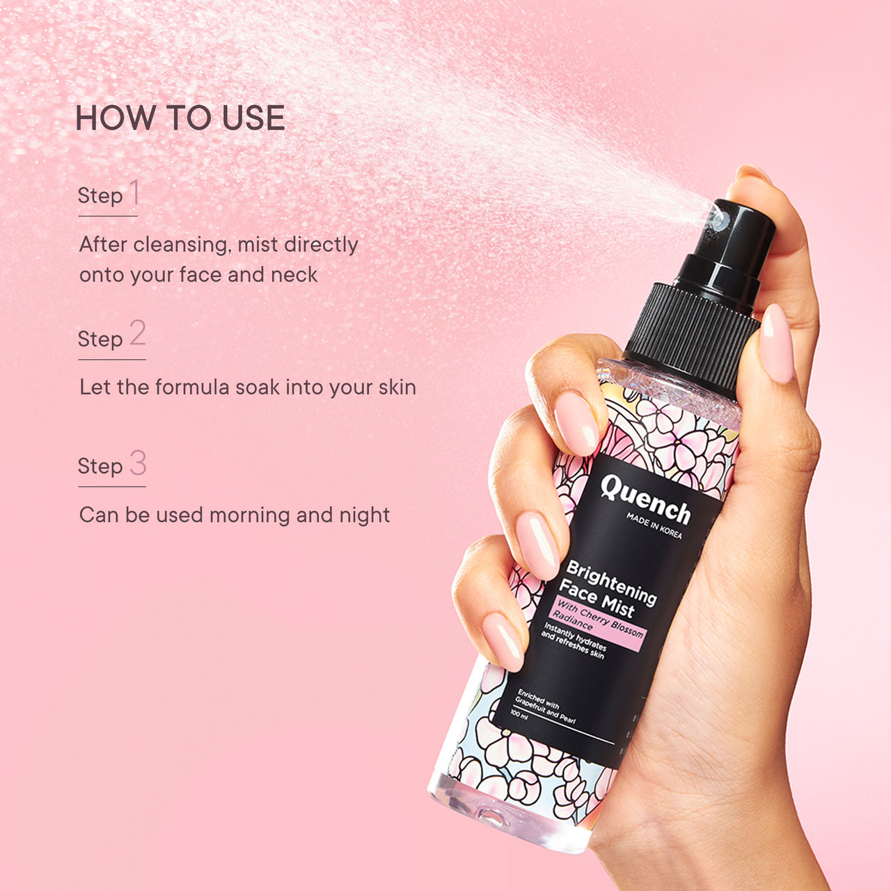 Quench Brightening Korean Face Mist with Cherry Blossom & Pearl Extracts Instantly Hydrates & Brightens