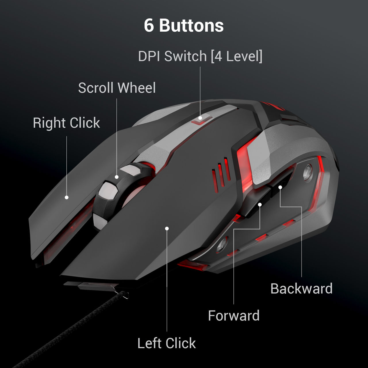 Zeb Transformer-M Gold-Plated USB Wired Mouse, 6 Buttons, Multi-Color LED High Res Sensor,3200 DPI, Black