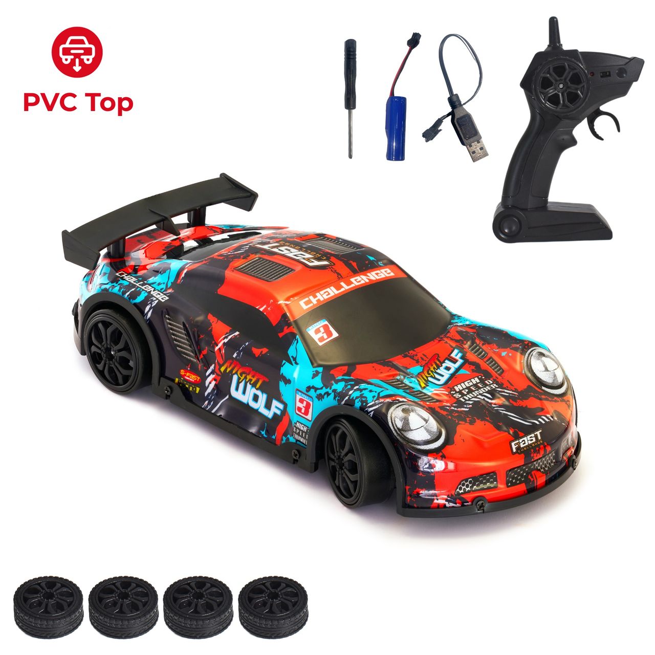 RC Drift Car with 4 extra wheels, 20 Kmph & PVC Shell (Night Wolf - Red)