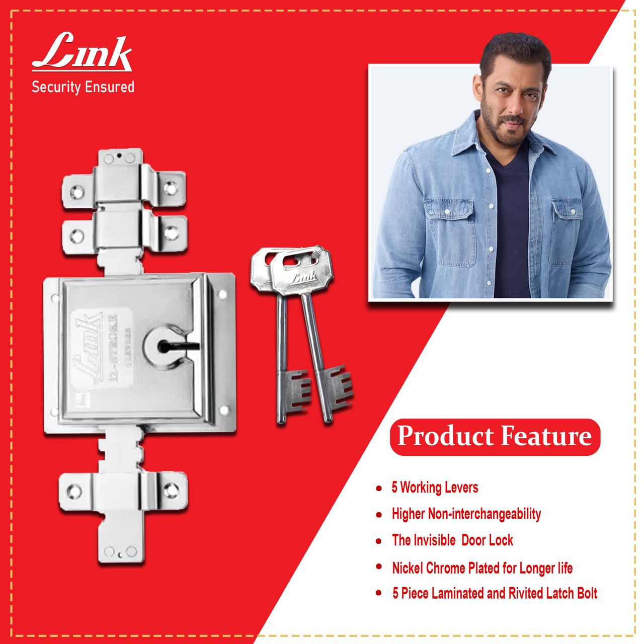 Link 12-Turn Main Door/Shutter Lock with 2 Keys - Heavy-Duty | 106x135mm Silver