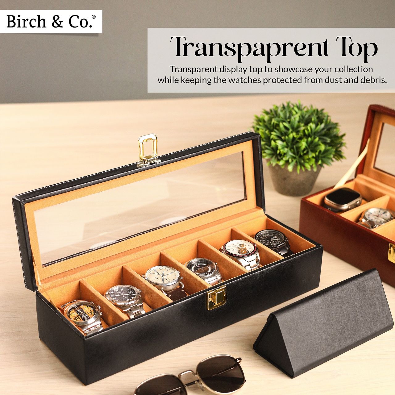 Birch & Co. Unisex Re-engineered Wood and Vegan Leather Rectangular Watch Box | Black