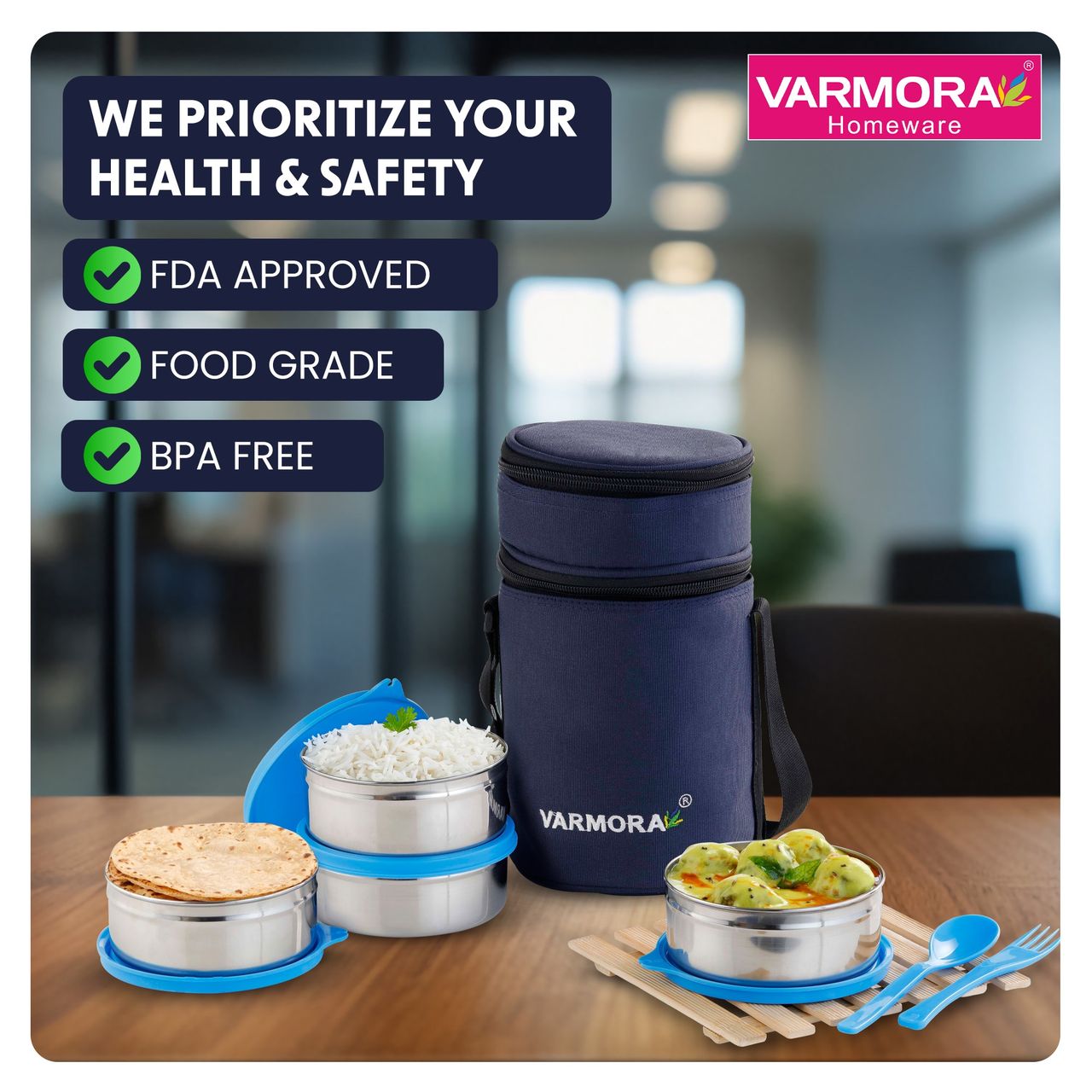 Varmora SS Quattro Lunch Box, Blue- 4 Storage Containers (390 ml each) with Spoon and Fork