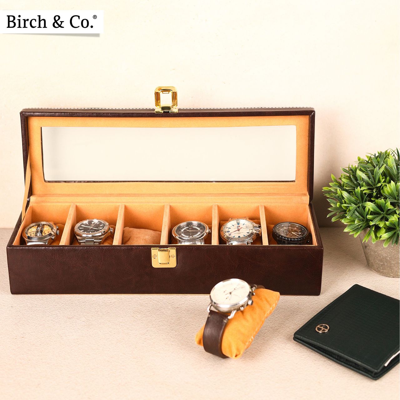 Birch & Co. Unisex Re-engineered Wood and Vegan Leather Rectangular Watch Box | Brown