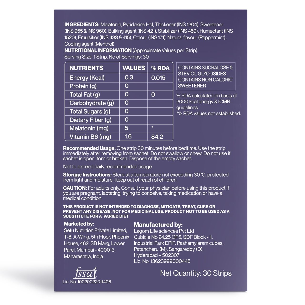 Setu Sleep Restore Melatonin Sleep Supplement Strips For Relaxation (Mint)