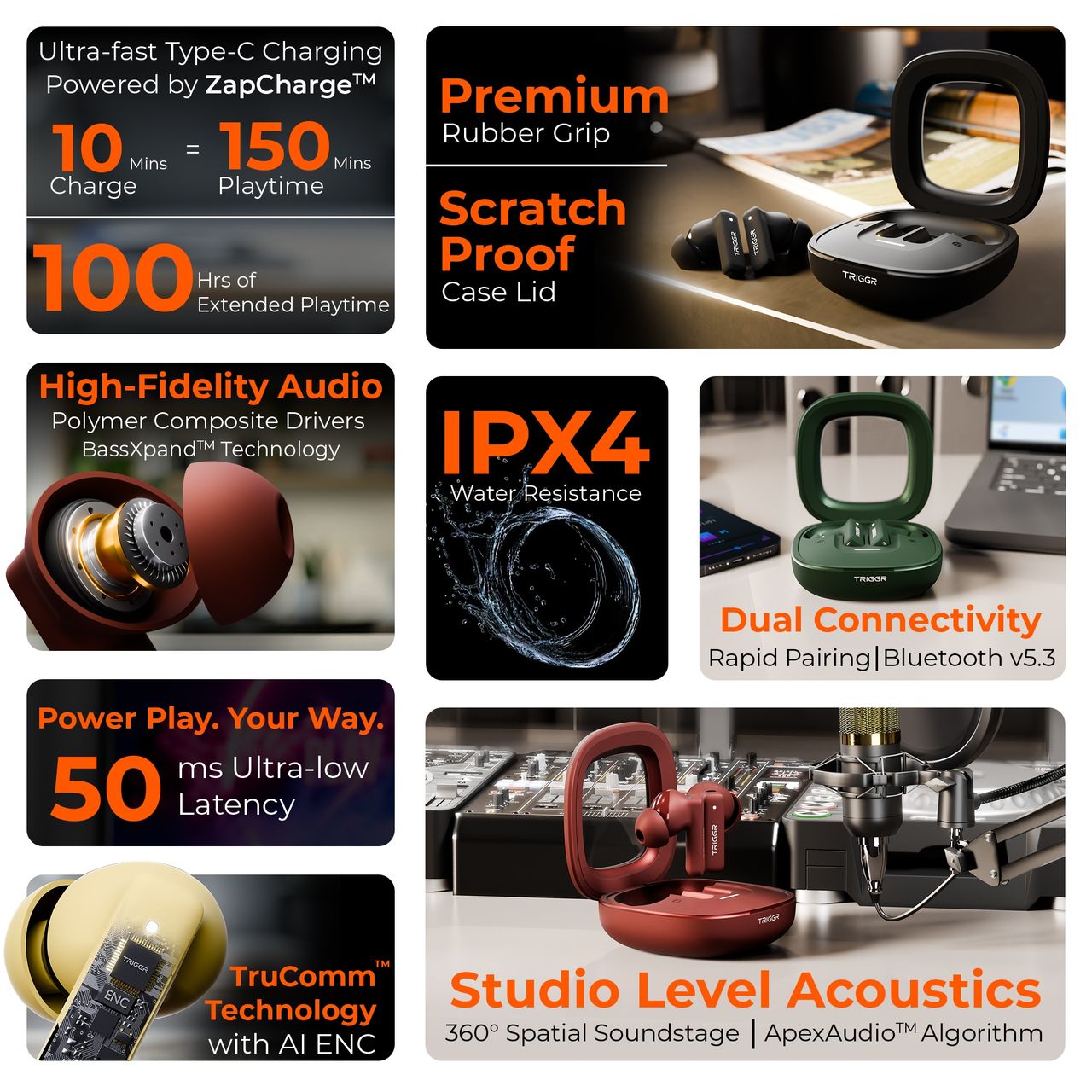 Triggr Earbuds Apex S1 | Dual Pairing | 100Hr | Quad Mic ENC | Rapid Pair | Tiffany Green
