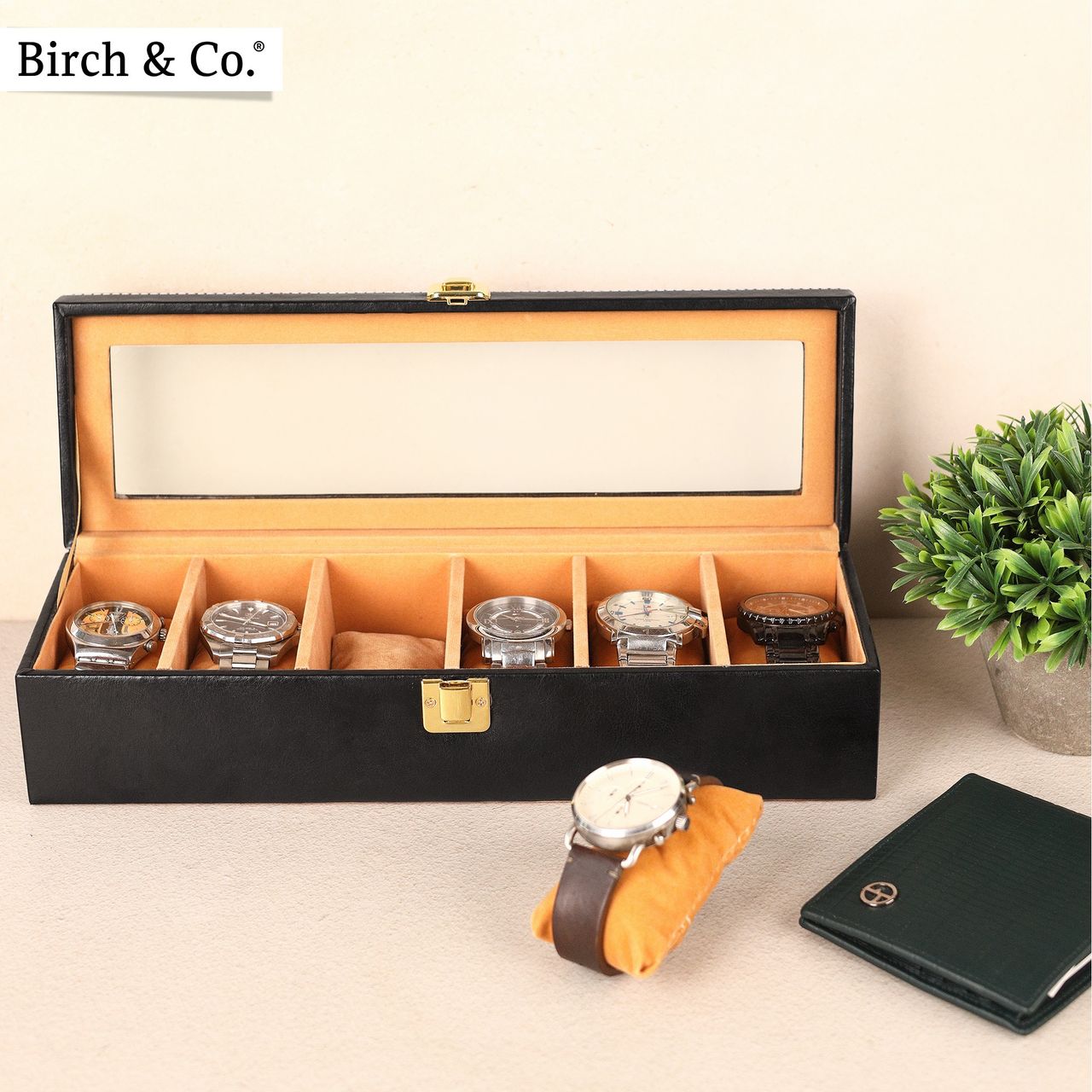 Birch & Co. Unisex Re-engineered Wood and Vegan Leather Rectangular Watch Box | Black
