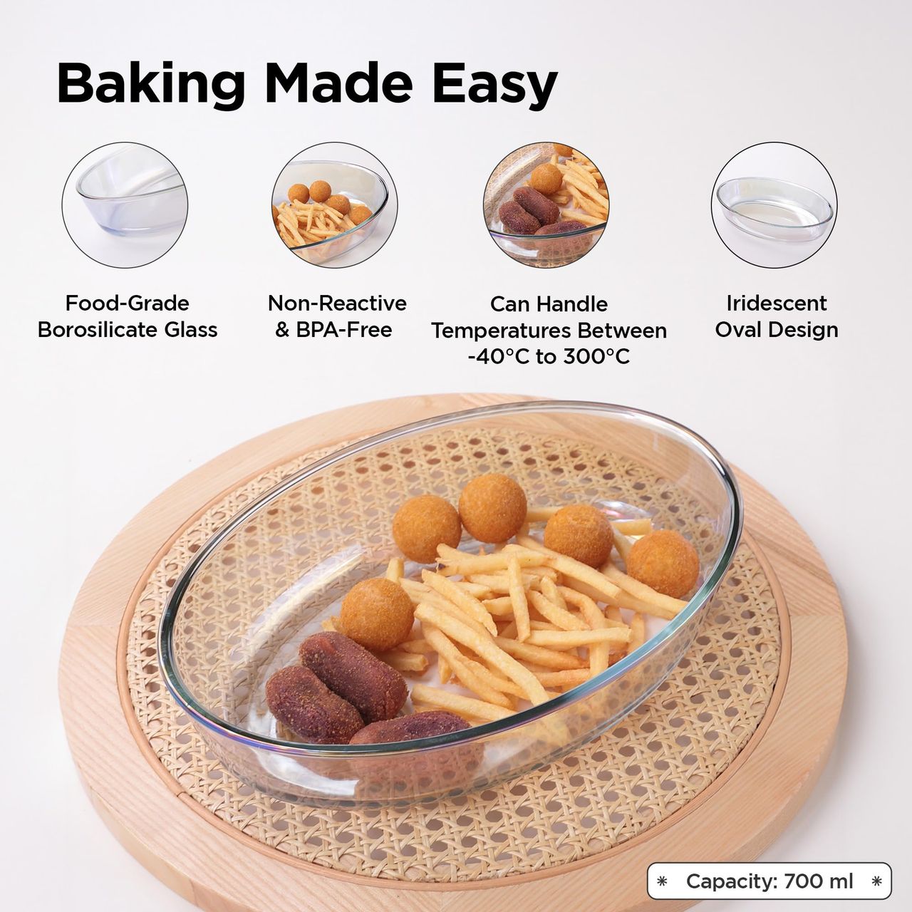 Umai 700 Ml Borosilicate Glass Baking Tray | Transparent Microwave Oven Safe Utensils Serving Tray