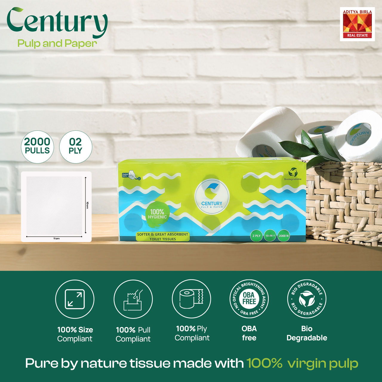 Century 2 Ply 100% Virgin Pulp Toilet Tissue Paper Roll 10 in 1 - 200 Pulls Per Roll