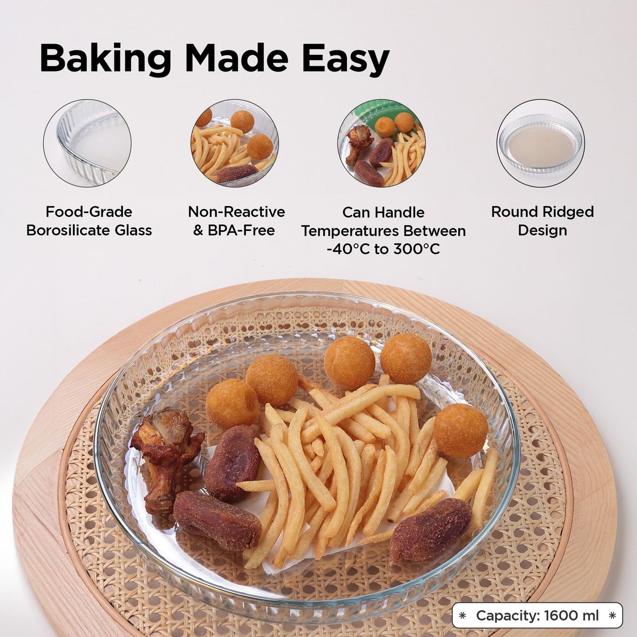 Umai 1600 Ml Borosilicate Glass Baking Tray | Transparent Microwave Oven Safe Utensils Serving Tray