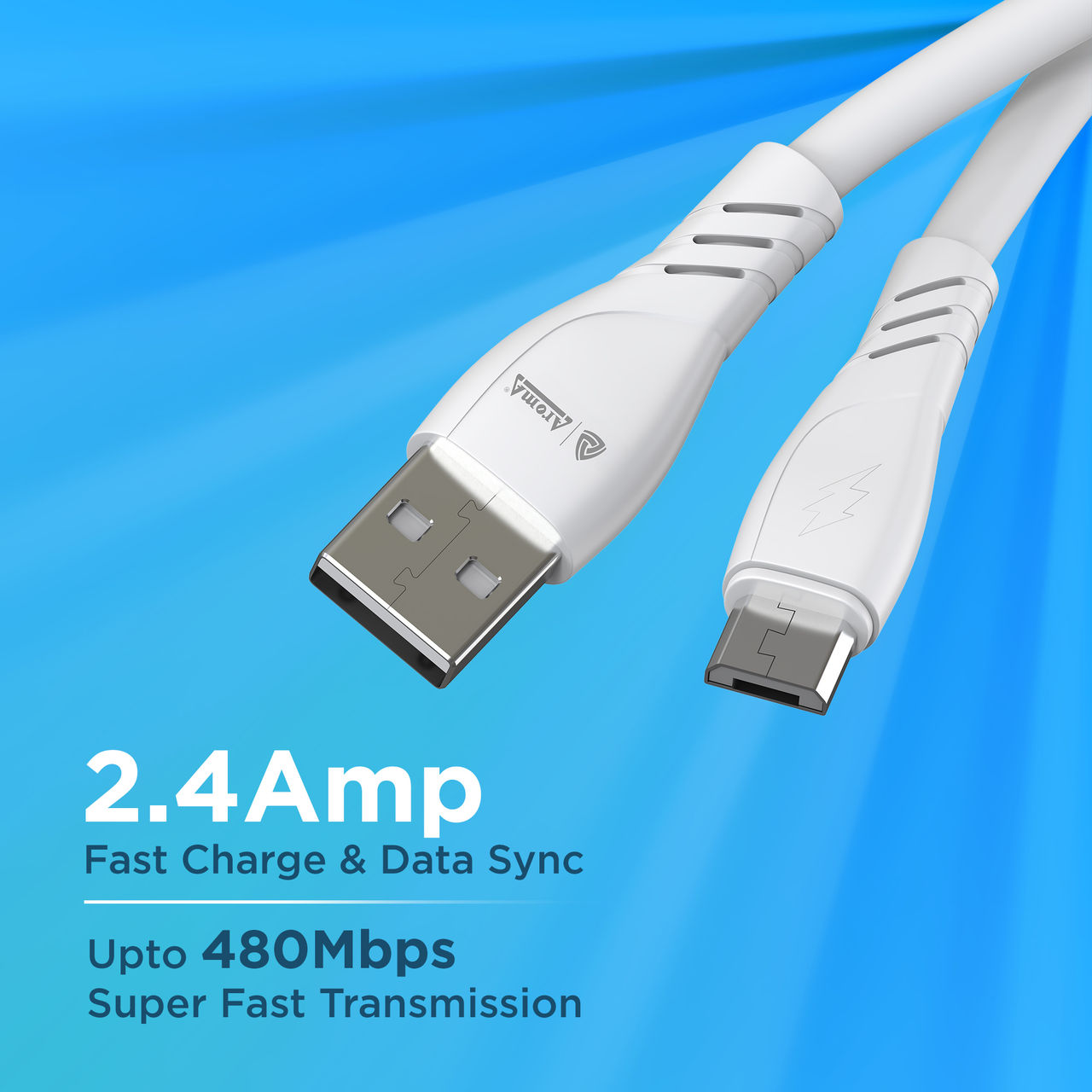 Aroma C21 - 2.4 Amp USB-A to Micro | Fast Charging Sync and Charge Data Cable | White - 1 m