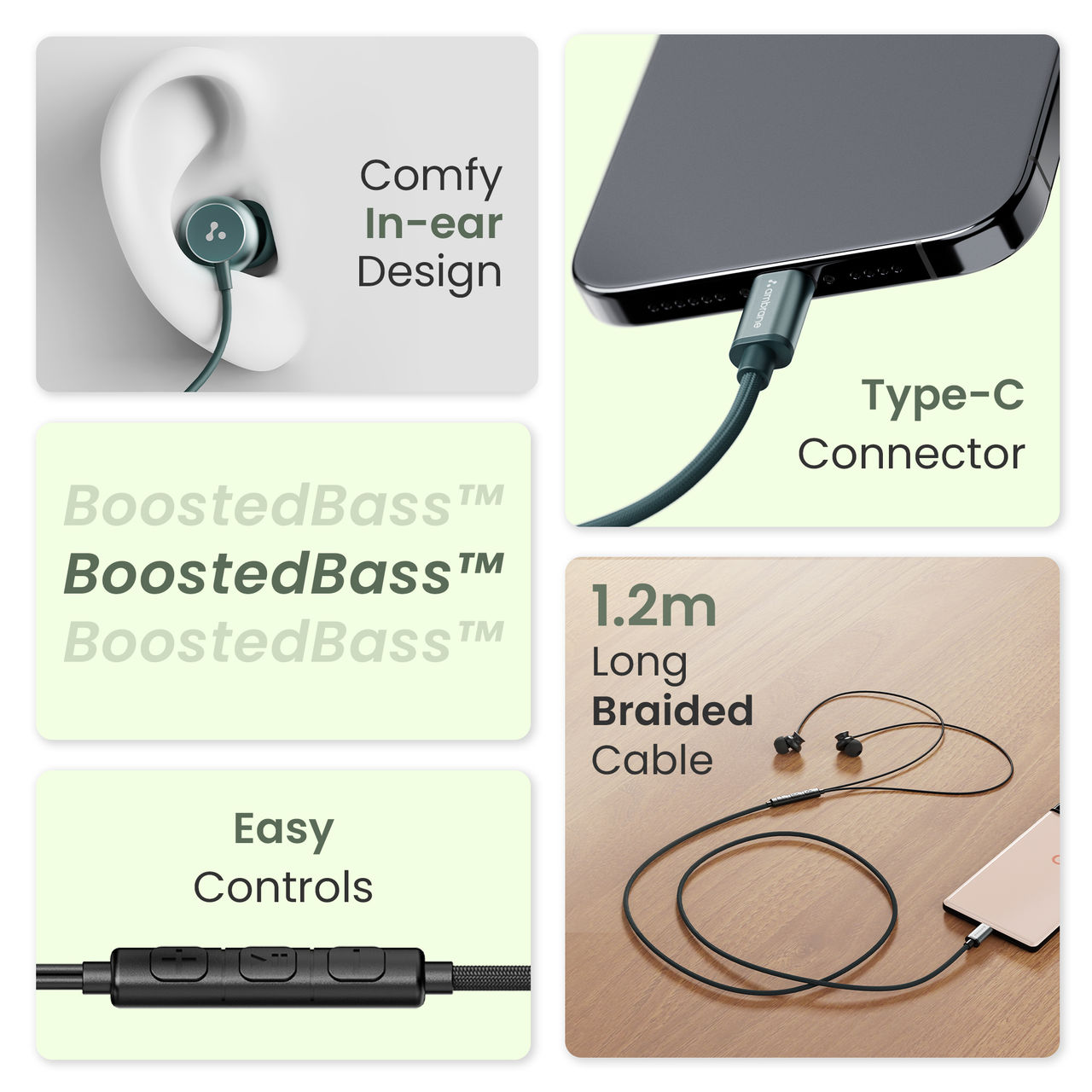 Ambrane Type C Wired Earphones With In-Line Mic, 10Mm Drivers, Control Buttons (Stringz 38C, Green)